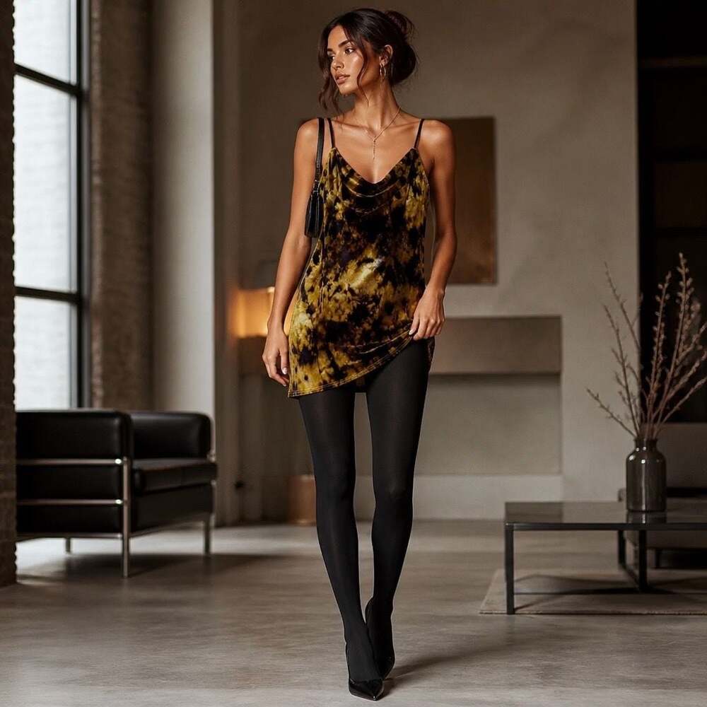 Urban Outfitters Velvet Mini Dress Purple Yellow Tie Dye Cowl Neck Halter Size M